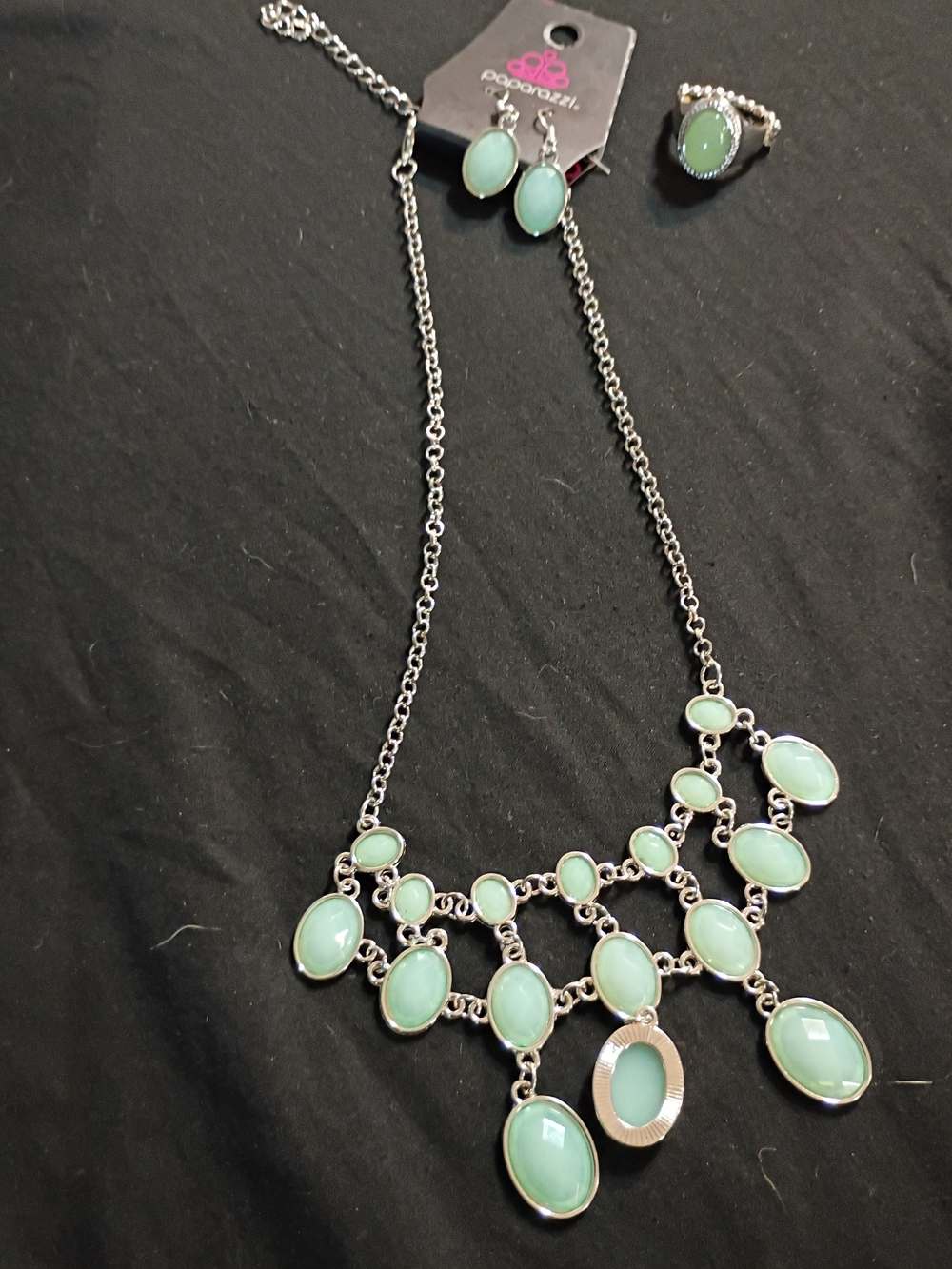 paparazzi Mint Green Statement Bib Necklace Set with Earrings and Ring